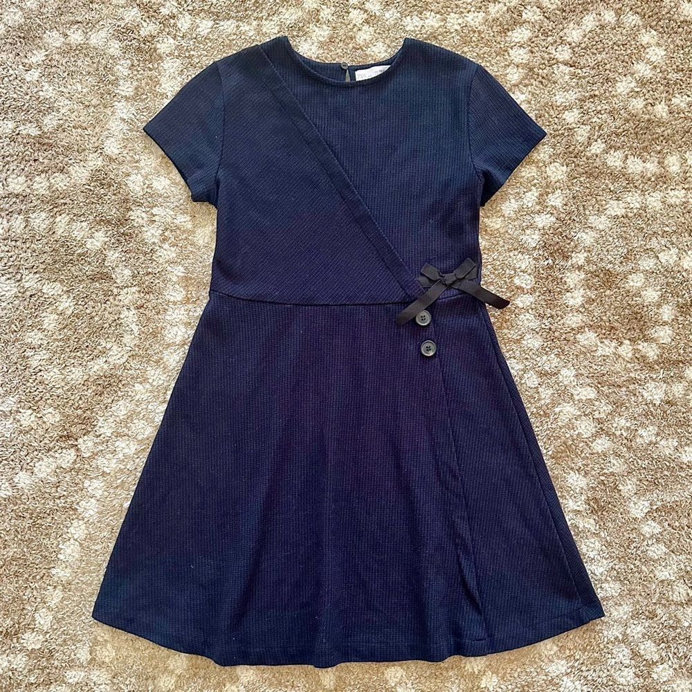 Zara Navy Blue Short Sleeve A-Line Dress with Bow Detail